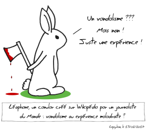 Caricature à la suite de l'article "Pourquoi et comment j’ai créé un canular sur Wikipédia" publié par Pierre Barthélémy le 12/02/17. – Lepsyleon (administrateur de Wikipédia) CC BY-SA 4.0
